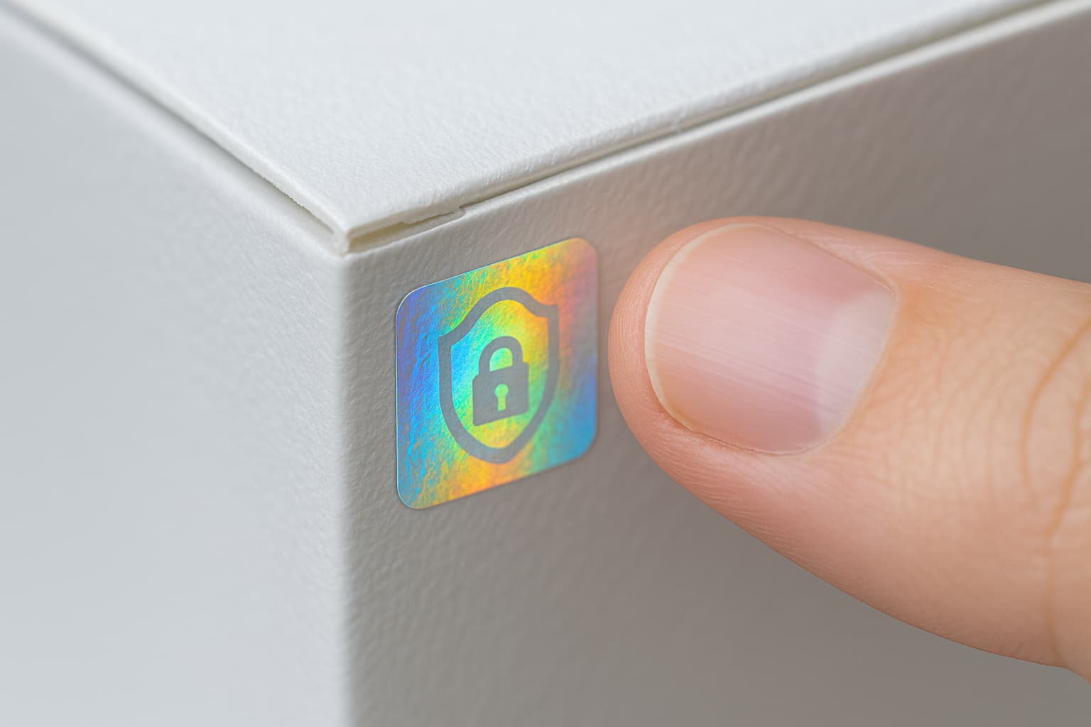 Fotografía macro de una caja Fotografía macro de una caja de medicamento blanca con textura visible, enfocada en una esquina donde un dedo humano señala un holograma de seguridad iridiscente con el símbolo de un candado dentro de un escudo. La imagen transmite autenticidad, precisión y confianza en la seguridad del producto.