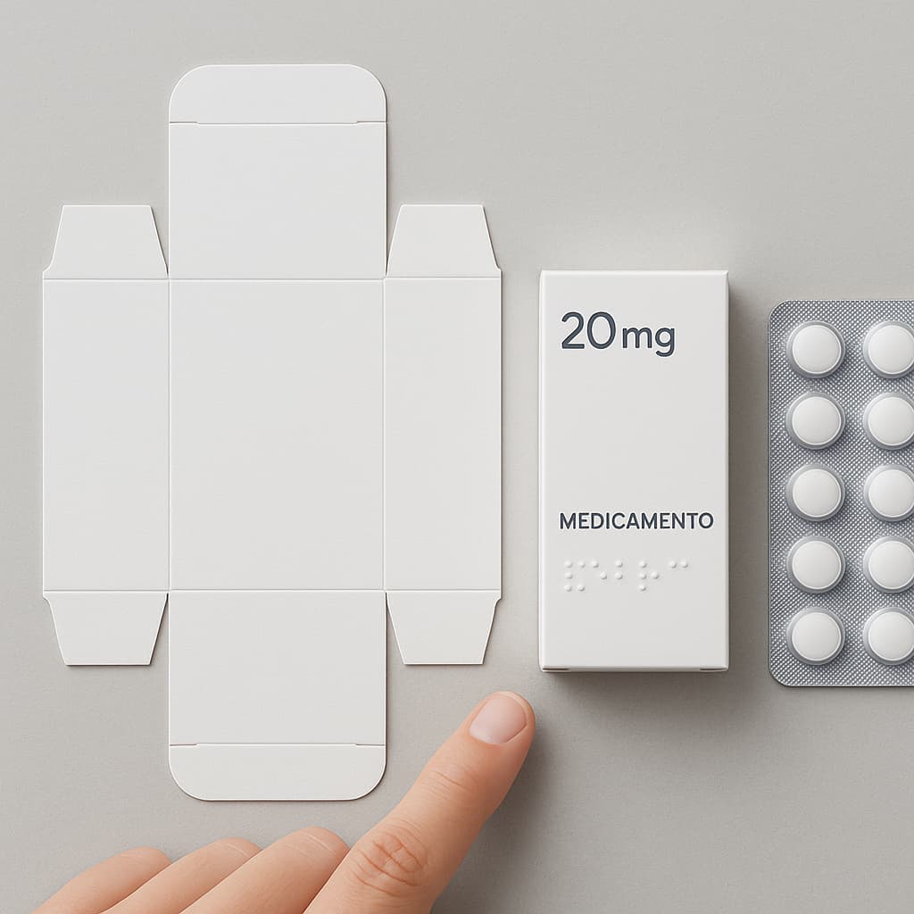Composición vista desde arriba Composición vista desde arriba que muestra una caja de medicamento desmontada con cortes precisos, una caja armada con tipografía legible y texto en braille que indica "20 mg", y un blíster de pastillas blancas sobre una superficie gris clara. Un dedo señala la caja plana, representando el proceso desde el diseño hasta el producto final con énfasis en la calidad y accesibilidad.