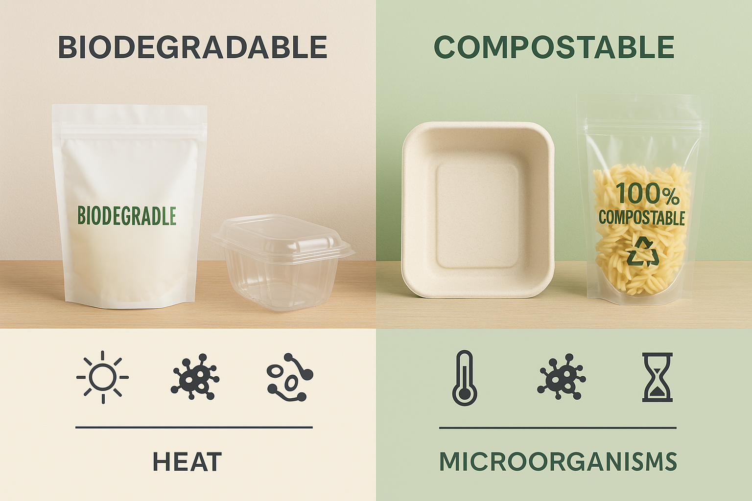 Imagen comparativa dividida Imagen comparativa dividida en dos secciones: a la izquierda, productos biodegradables sobre fondo beige, incluyendo una bolsa de almidón y un envase plástico transparente; a la derecha, productos compostables sobre fondo verde, con una bandeja de pulpa moldeada y una bolsa de PLA con pasta. En la parte inferior, íconos representan las condiciones de descomposición como calor, microorganismos y tiempo, diferenciando visualmente ambos conceptos. Empaque Biodegradables
