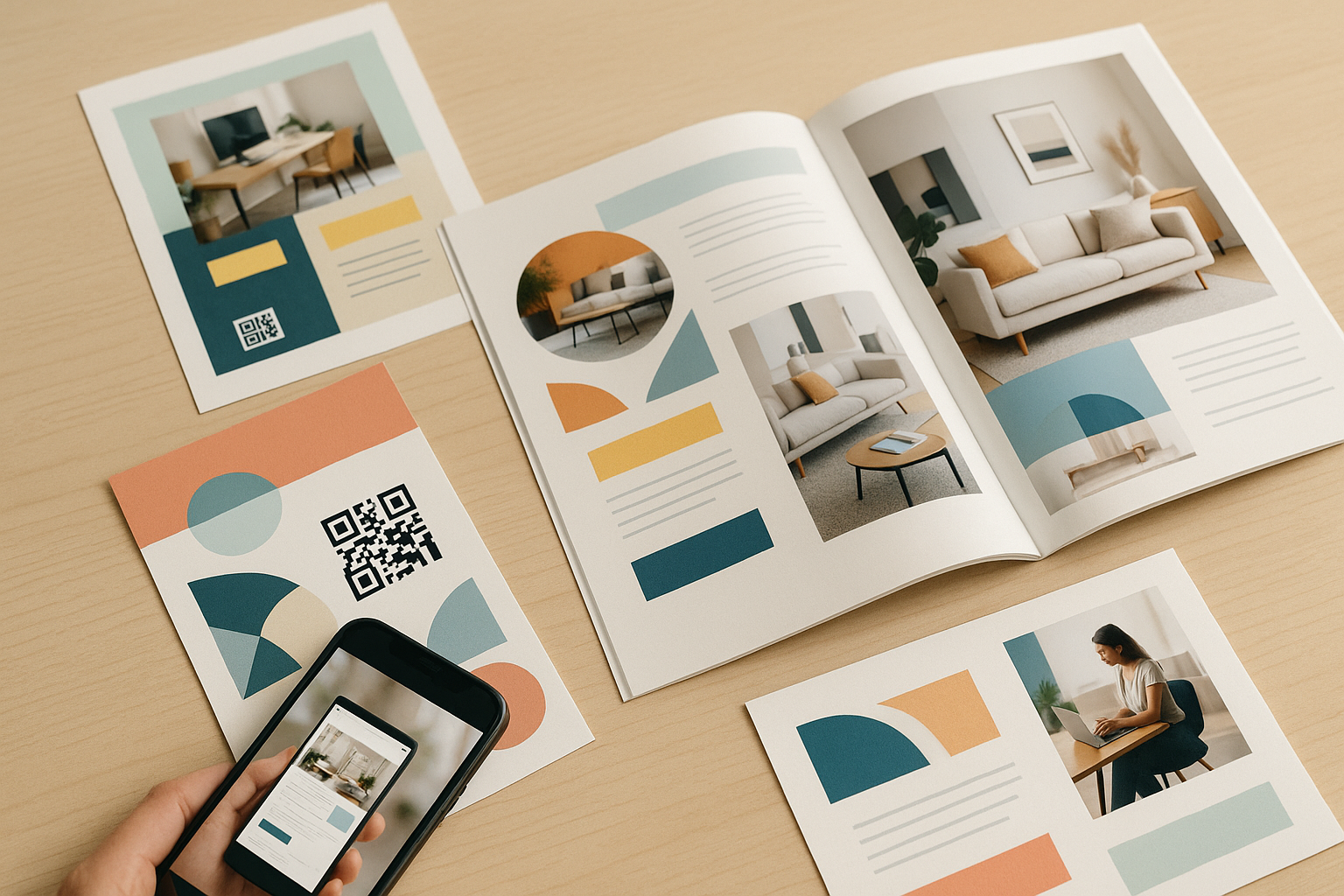 Smartphone escaneando Smartphone escaneando un código QR en un folleto, sobre un escritorio con catálogos y volantes impresos de diseño moderno. La imagen refleja la integración entre el marketing impreso y digital mediante tecnologías como los códigos QR.