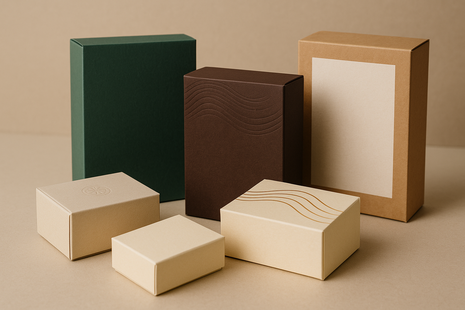 Varias cajas plegadizas Varias cajas plegadizas de cartón en diferentes tamaños, colores y acabados, dispuestas sobre una superficie beige con fondo neutro. Las cajas presentan detalles en relieve, estampados metálicos y diseños minimalistas que resaltan la versatilidad y personalización del empaque.