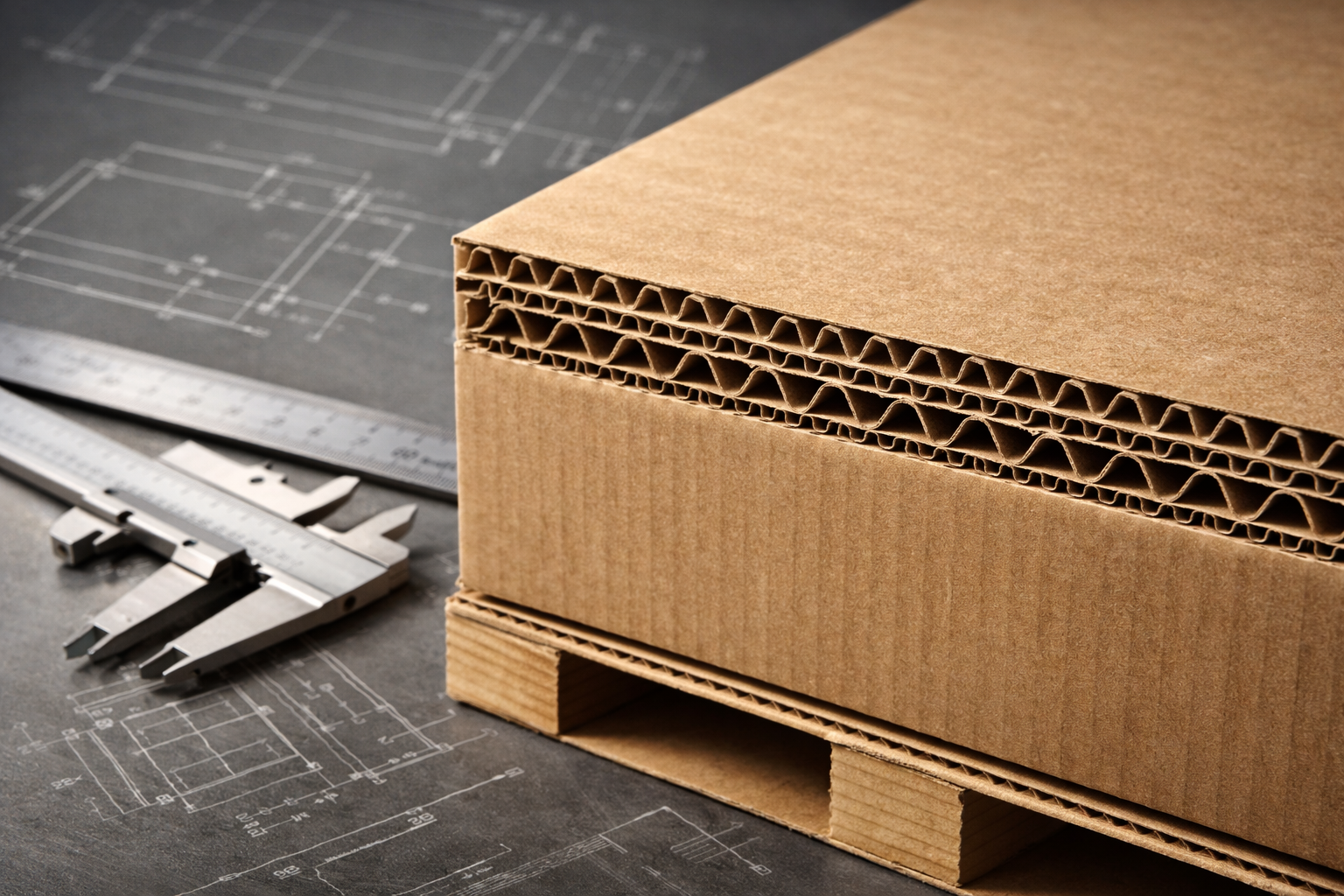 Estructura de cartón corrugado multicapa utilizada en empaques industriales, vista en corte transversal sobre una mesa con planos técnicos y herramientas de medición. Exportando a EE.UU