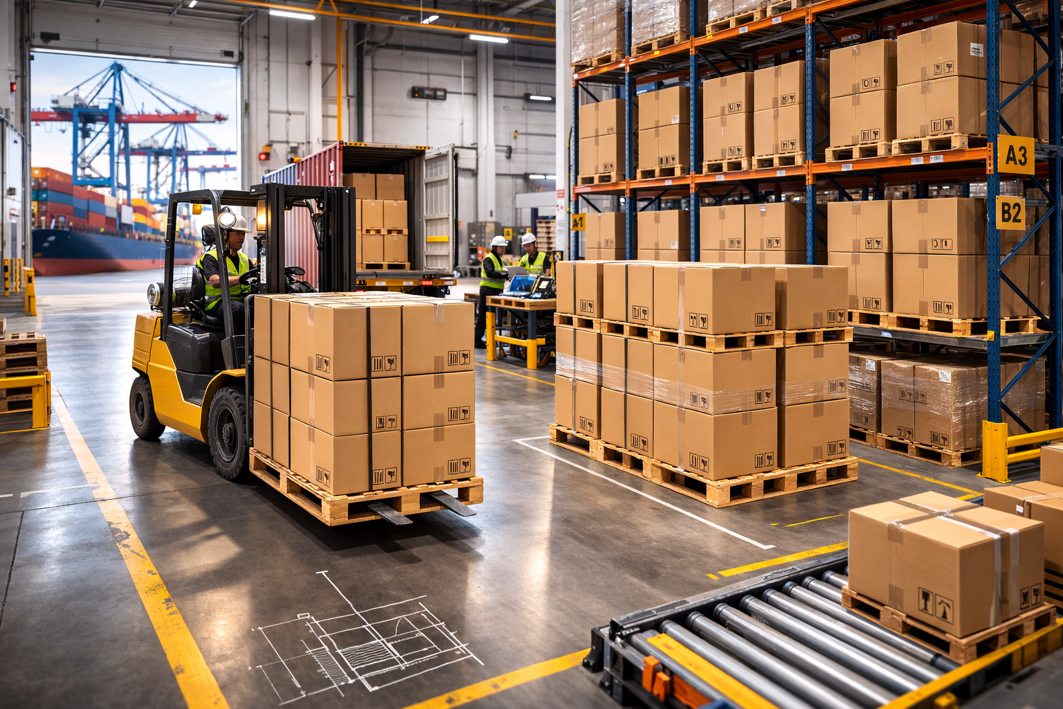 Operación logística en almacén industrial con montacargas transportando pallets de cajas de cartón corrugado organizadas en estanterías de almacenamiento. Exportando a EE.UU