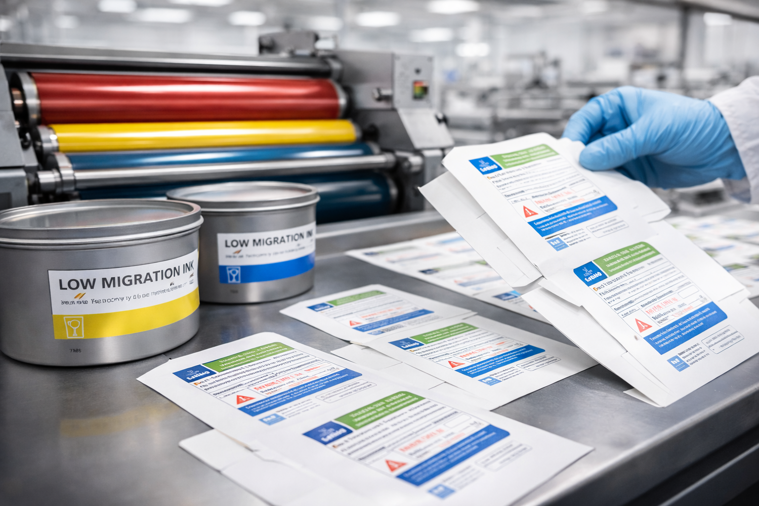 Proceso de impresión industrial con tintas de baja migración para empaques de grado alimenticio, mientras un operario revisa etiquetas impresas en una línea de producción. Inocuidad Alimentaria