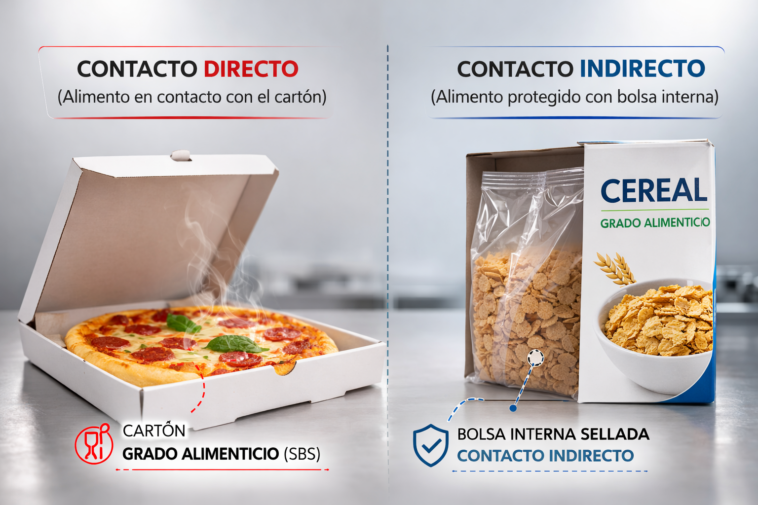 Comparación entre contacto directo e indirecto en empaques de alimentos, mostrando una caja de pizza de cartón grado alimenticio y una caja de cereal con bolsa interna sellada. Inocuidad Alimentaria