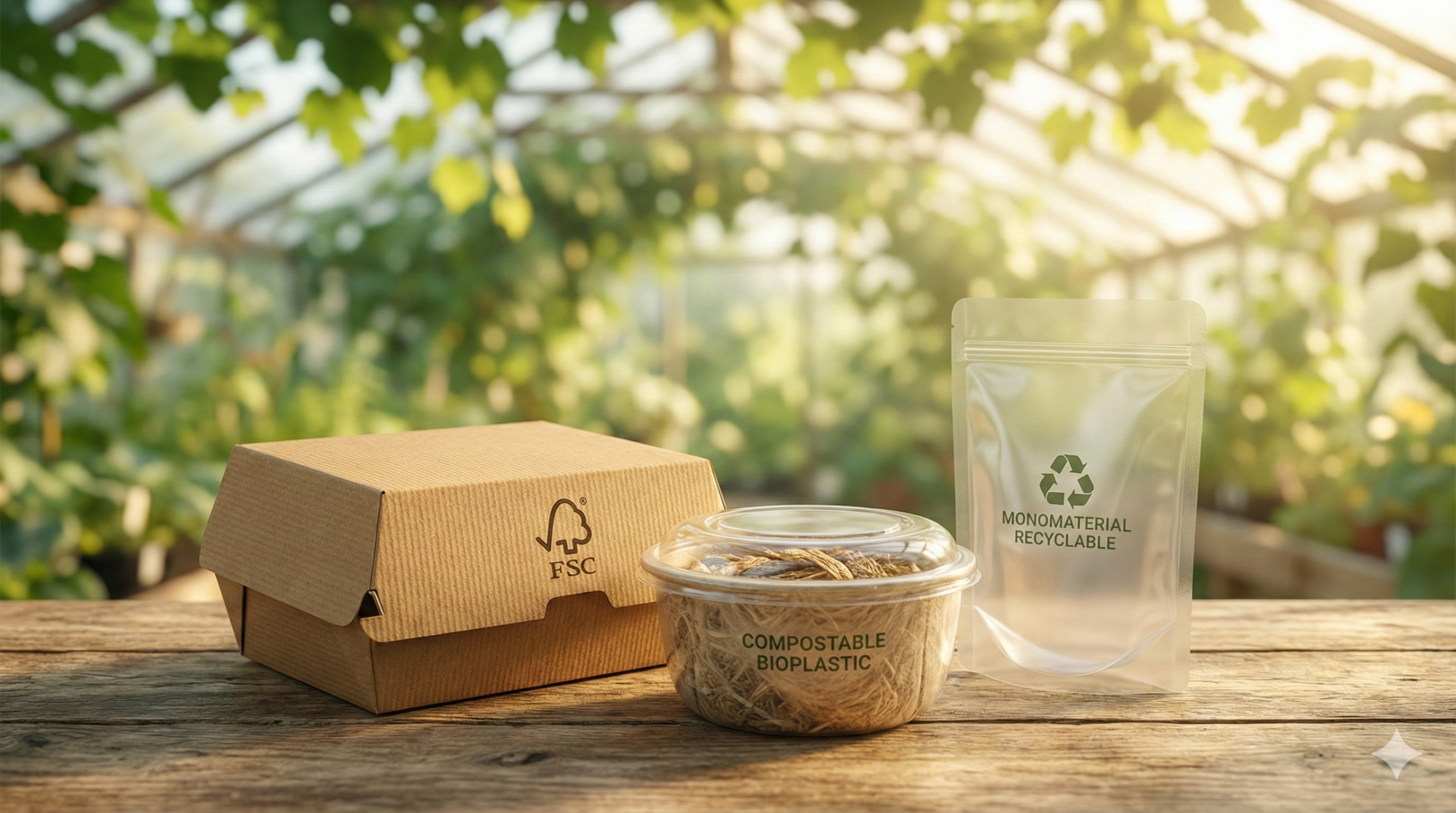 Escena sostenible con empaques ecoamigables sobre mesa de madera: caja de cartón FSC, envase compostable de bioplástico y pouch monomaterial reciclable, con fondo difuminado de invernadero iluminado por luz cálida. Cómo elegir el material ideal.