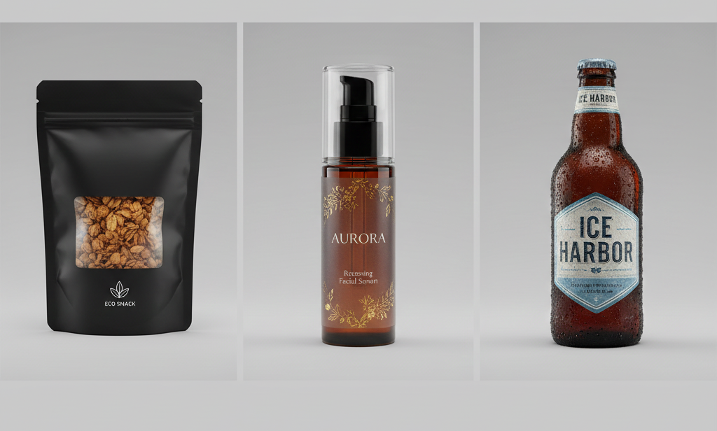 Tríptico de productos empaquetados: a la izquierda un pouch negro mate con ventana transparente mostrando snacks; en el centro un frasco dispensador de sérum facial “Aurora” con diseño dorado; a la derecha una botella de cerveza “Ice Harbor” con gotas de condensación, etiqueta azul y aspecto frío. Casos reales de impresiones