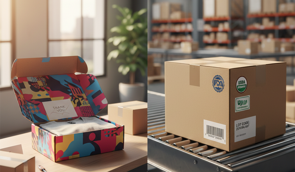 Tríptico de productos empaquetados: a la izquierda un pouch negro mate con ventana transparente mostrando snacks; en el centro un frasco dispensador de sérum facial “Aurora” con diseño dorado; a la derecha una botella de cerveza “Ice Harbor” con gotas de condensación, etiqueta azul y aspecto frío. Casos reales de impresiones