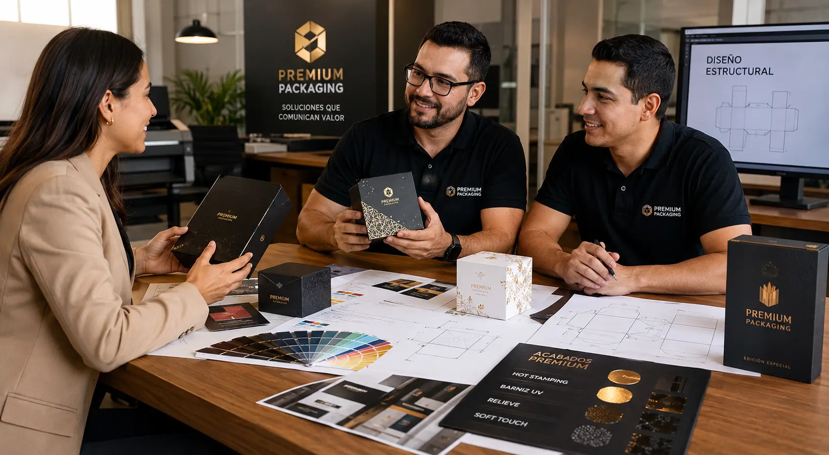 Equipo de empaque revisando muestras, acabados premium, planos estructurales y opciones de diseño junto a una clienta en una reunión de asesoría. Checklist para Cotizar