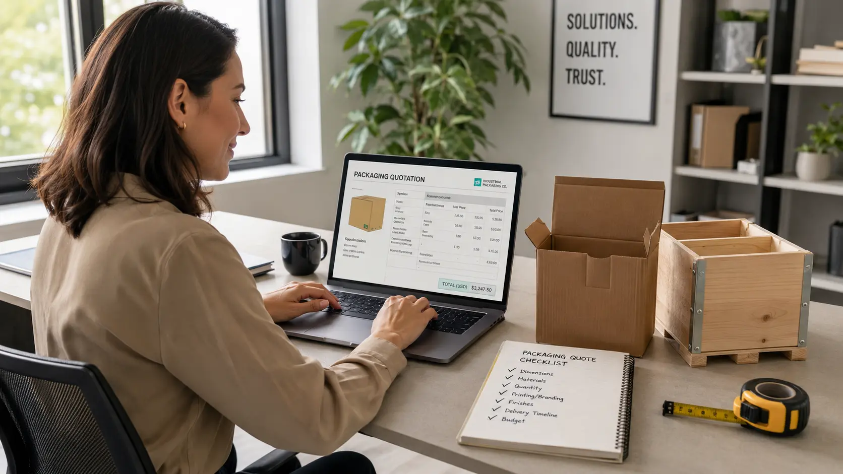 Infografía sobre los cuatro datos necesarios para cotizar empaques: dimensiones, peso, cantidad de producción, acabados y materiales. Checklist para Cotizar