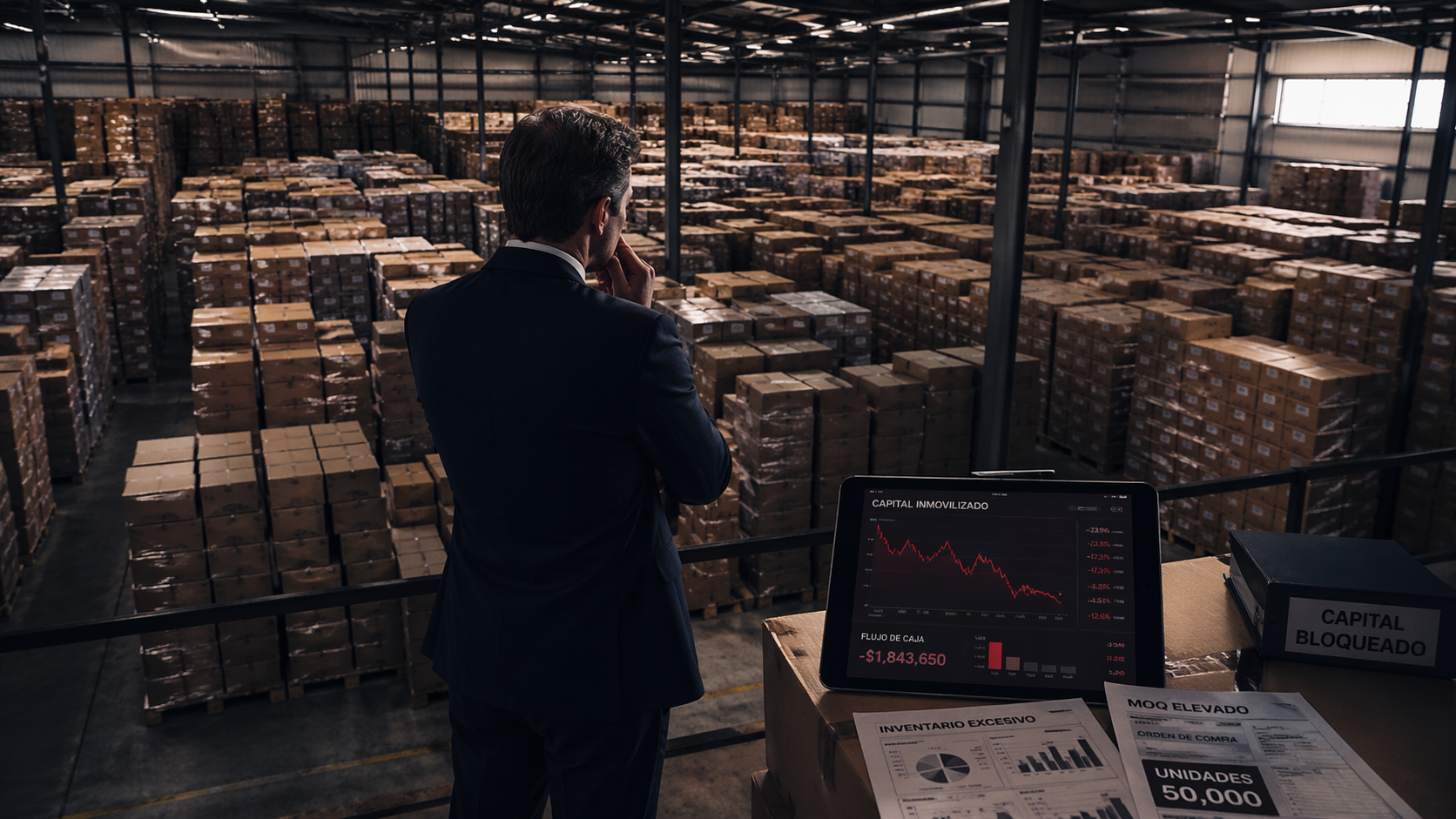 Gerente analizando inventario excesivo en almacén lleno de cajas apiladas, con dashboard financiero mostrando capital inmovilizado y flujo de caja negativo en operación logística. Cajas de China.