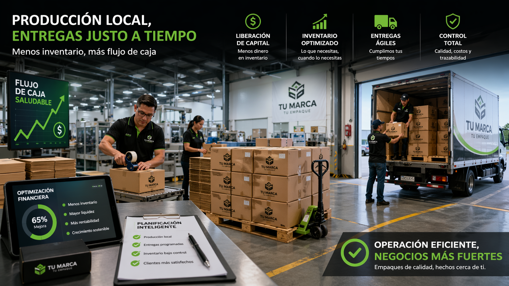 Producción local de empaques con operarios preparando cajas personalizadas, carga en camión de entregas y gráficos de optimización de inventario, flujo de caja saludable y logística eficiente. Cajas de China.