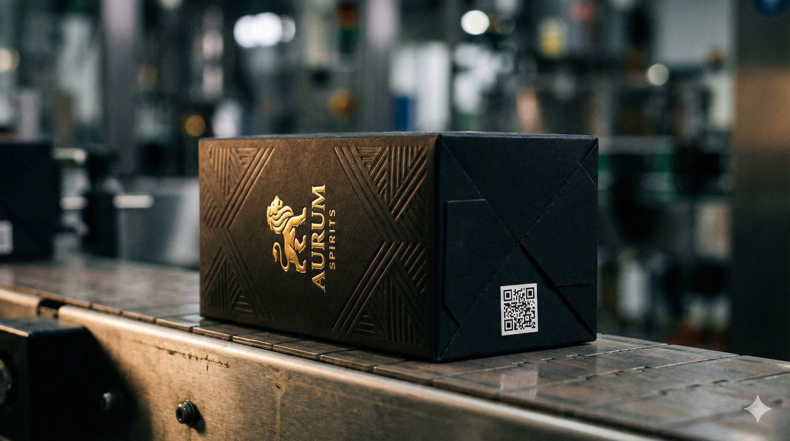 Caja premium negra de Aurum Spirits con estampado dorado y patrones geométricos en una línea de producción industrial. Tendencias de Packaging