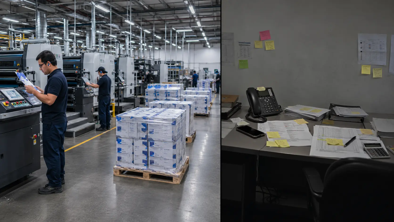 Comparación visual entre una planta industrial de impresión de empaques con operarios y pallets terminados, y una oficina administrativa con documentos, notas, teléfono y calculadora.