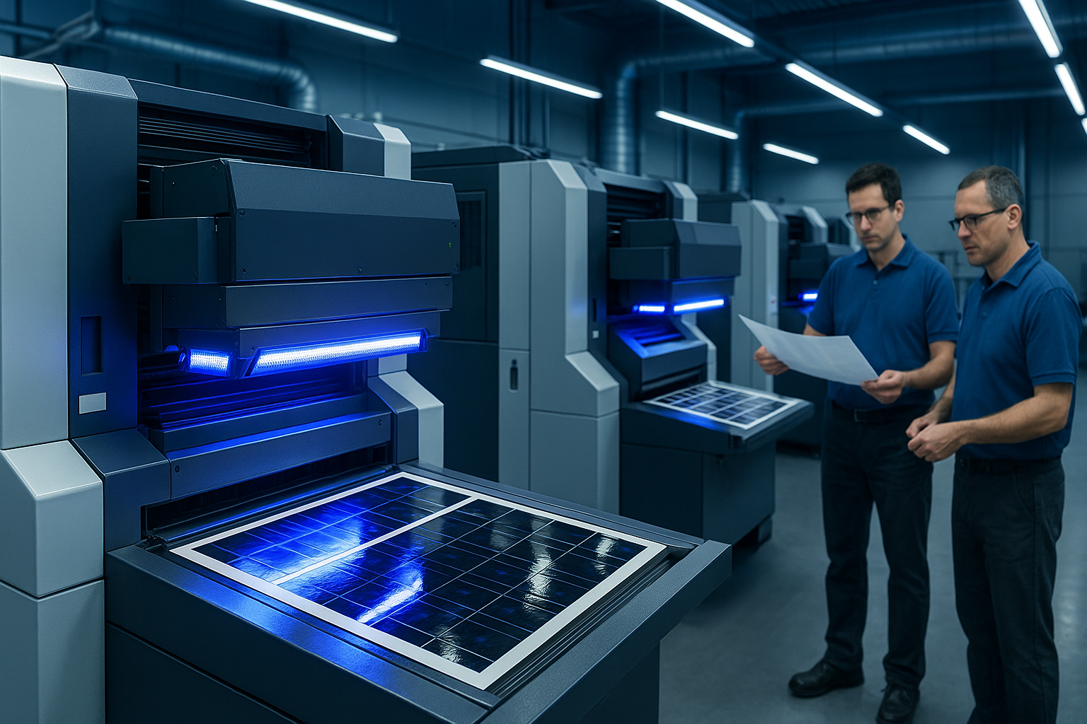 Línea moderna de impresión industrial con máquinas automatizadas equipadas con luces LED azules para el curado UV. Dos operarios con camisas azules inspeccionan una hoja de impresión mientras supervisan el proceso. El ambiente es limpio, tecnológico y profesional, con iluminación fría y un diseño industrial de alta precisión que refleja eficiencia y control de calidad en la producción. Impresión offset