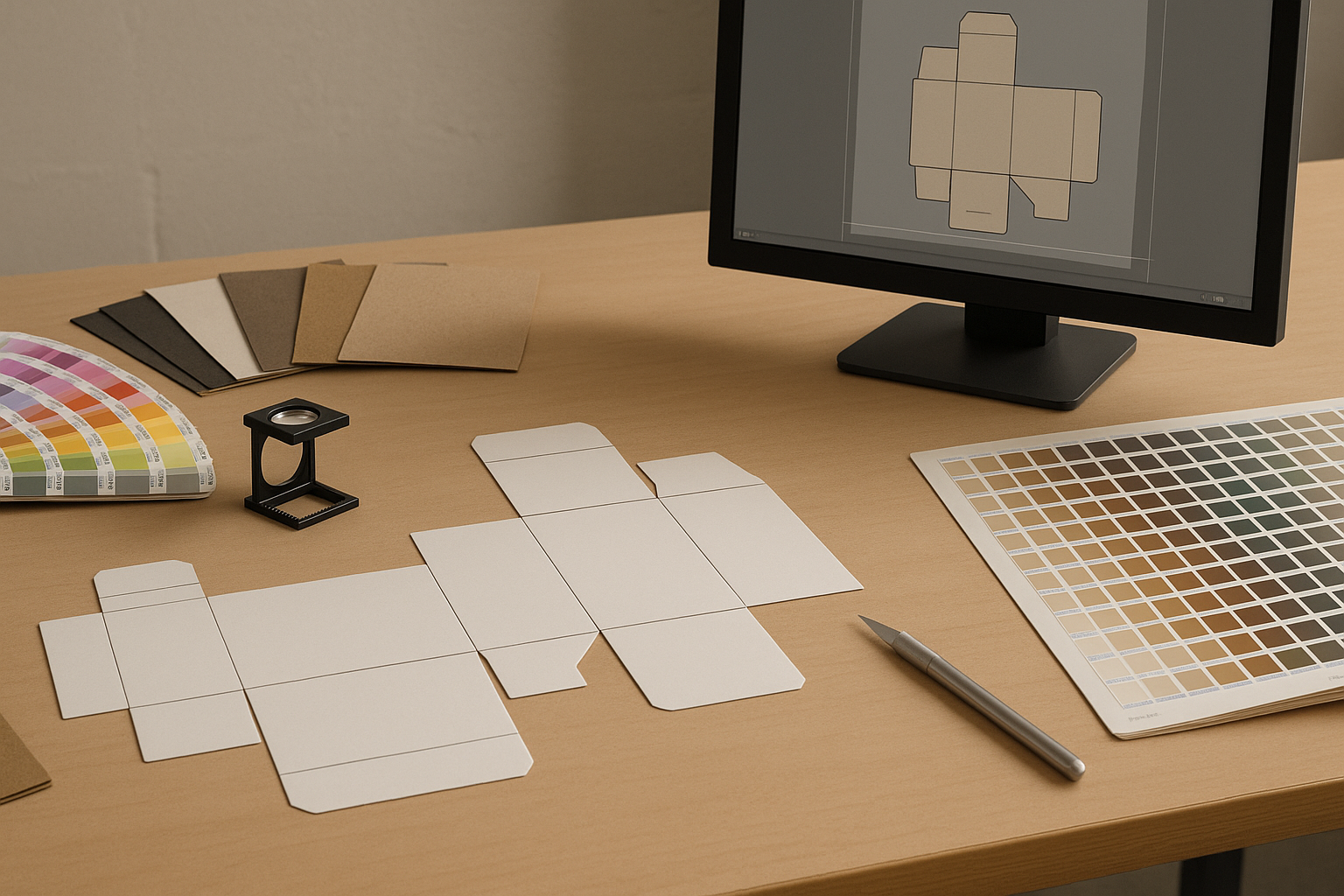 Mesa de preprensa con plantilla troquelada para empaque, cartas de papel kraft, paleta Pantone, cuchilla de precisión y monitor mostrando el diseño dieline de una caja. Guía definitiva de empaques