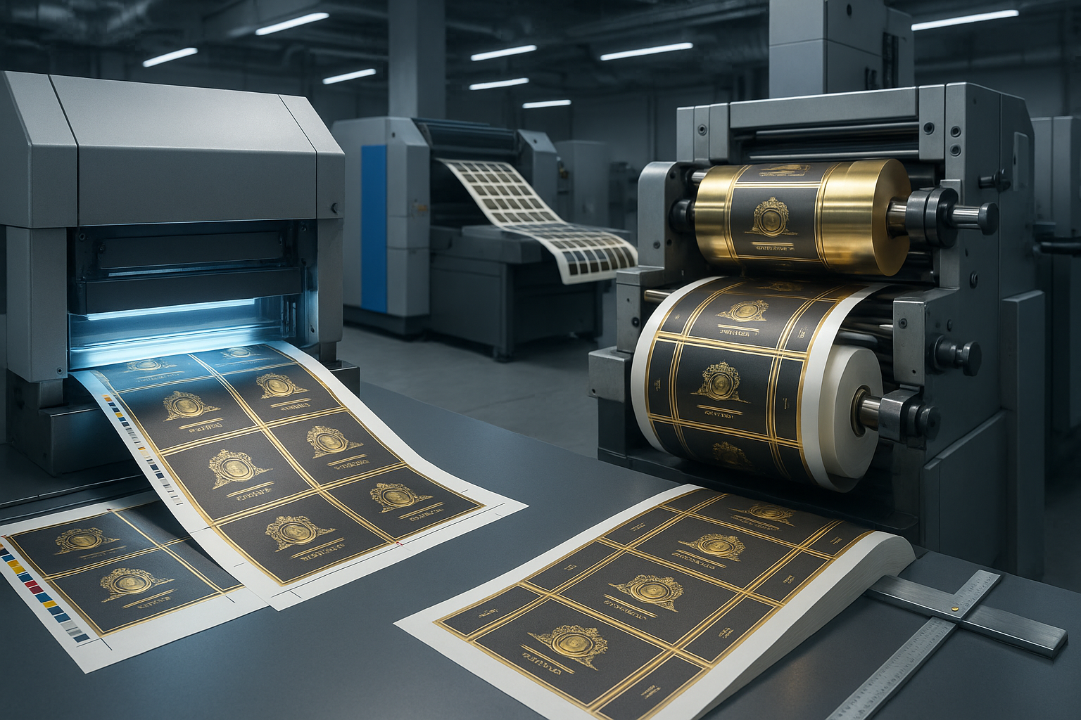 Máquina industrial de impresión flexográfica y offset produciendo etiquetas premium con detalles dorados, barniz y guías de color en planta de impresión moderna. Guía definitiva de empaques