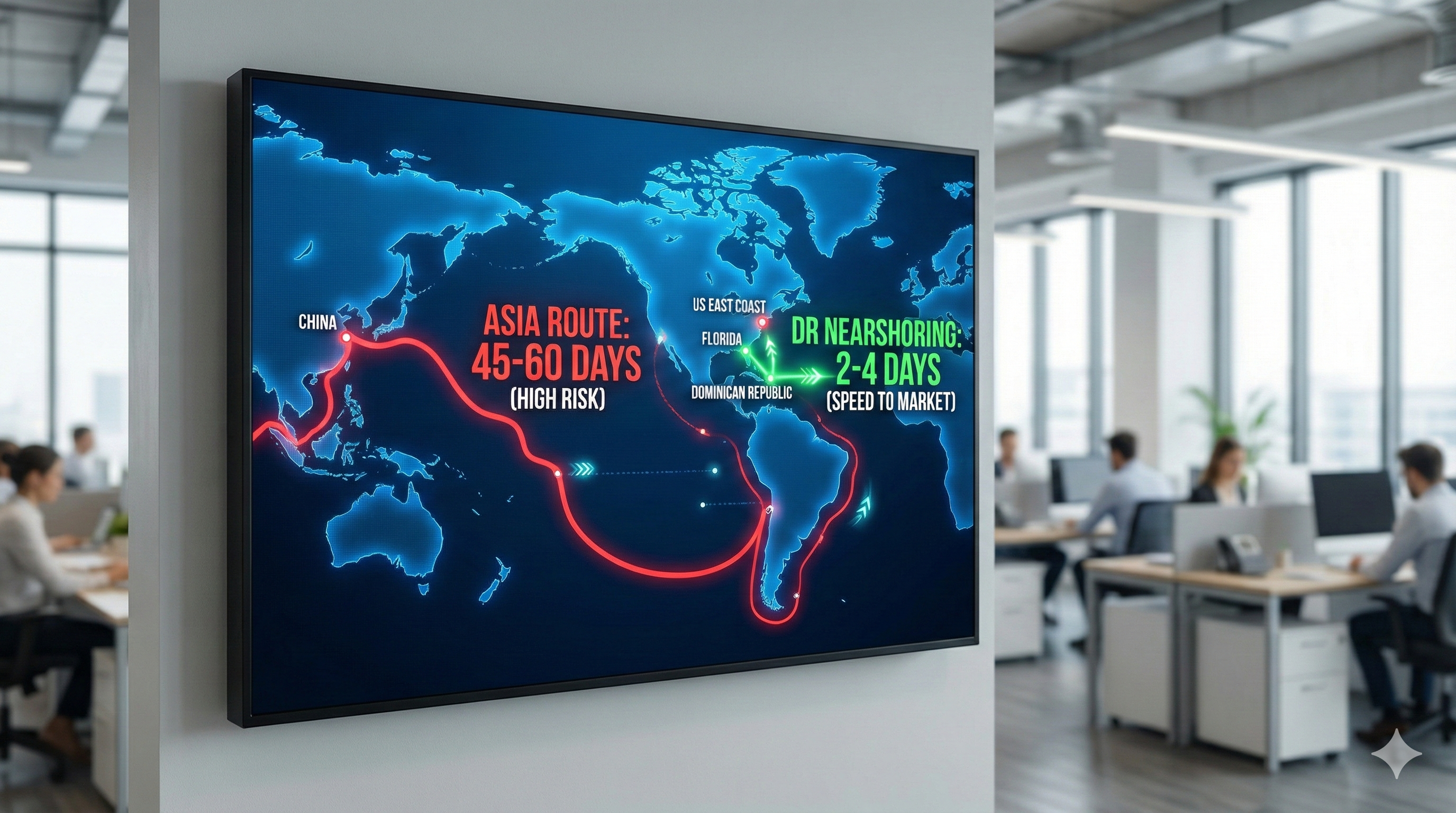 Mapa comparativo de rutas logísticas mostrando el flujo marítimo desde China hacia Estados Unidos con tiempos de 45–60 días y la alternativa de nearshoring desde República Dominicana con entregas de 2–4 días, exhibido en una oficina moderna. Nearshoring en el Caribe