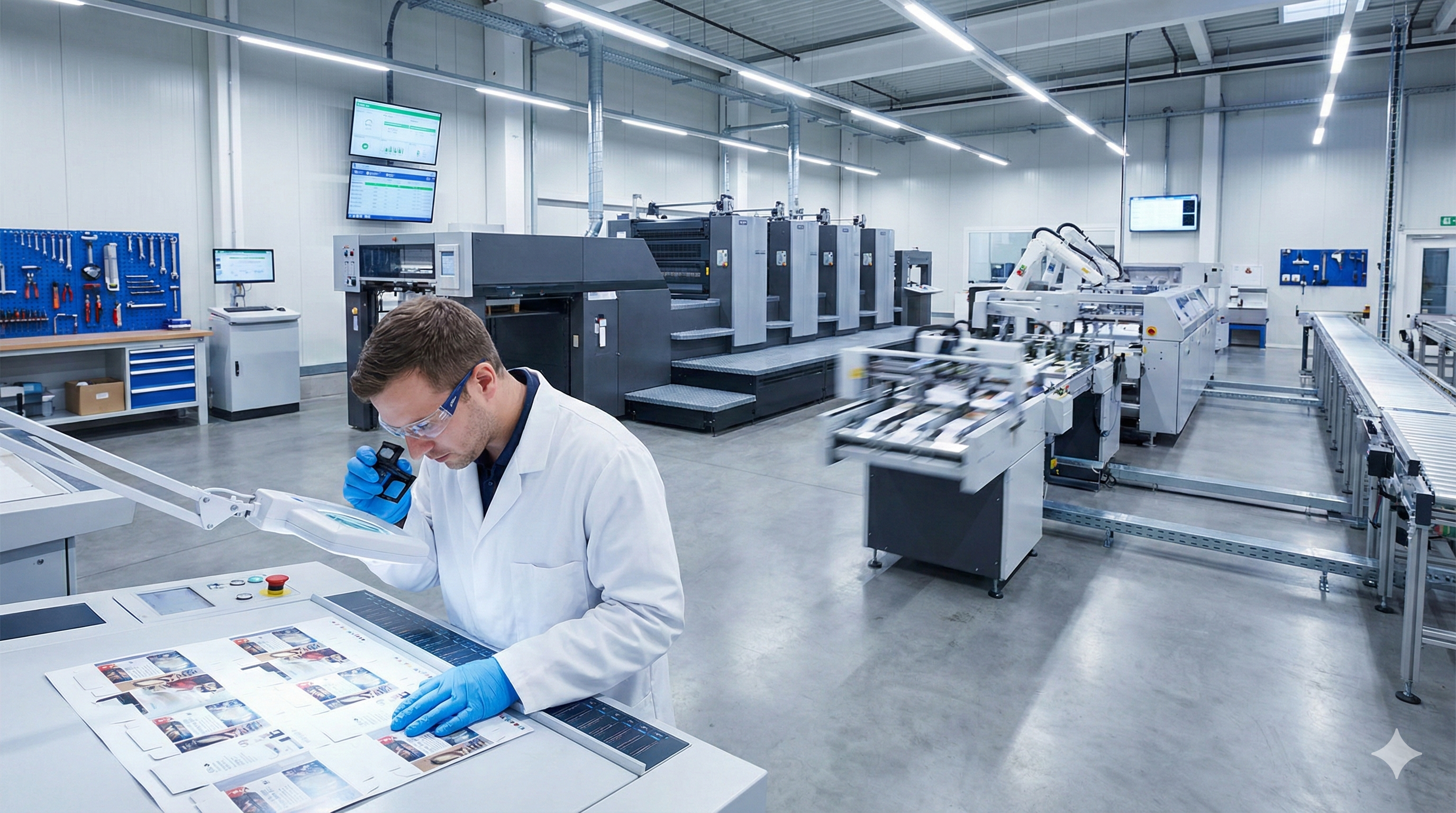 Técnico en laboratorio de impresión revisando pruebas de color con lupa en una planta industrial equipada con maquinaria de alta precisión para producción de empaques. Nearshoring en el Caribe