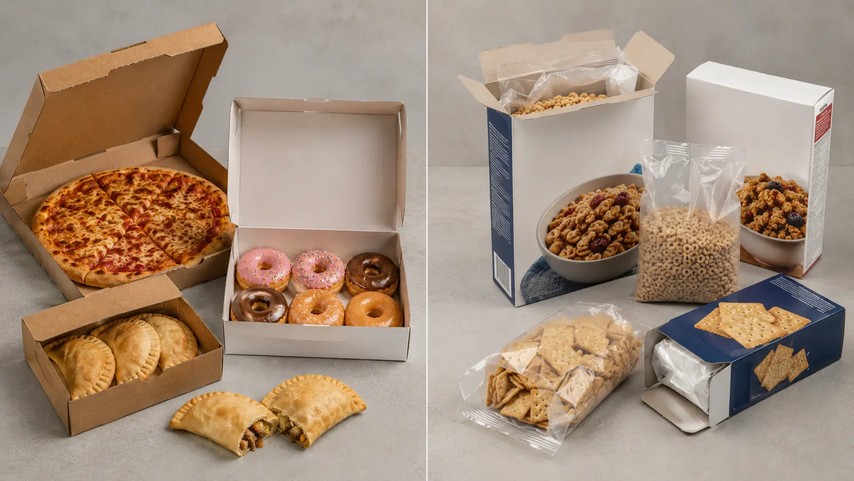 Comparación visual entre empaques de cartón para alimentos de contacto directo, como pizza, donas y empanadas, y empaques de contacto indirecto para cereales, galletas y snacks con bolsas internas. Empaques para Alimentos