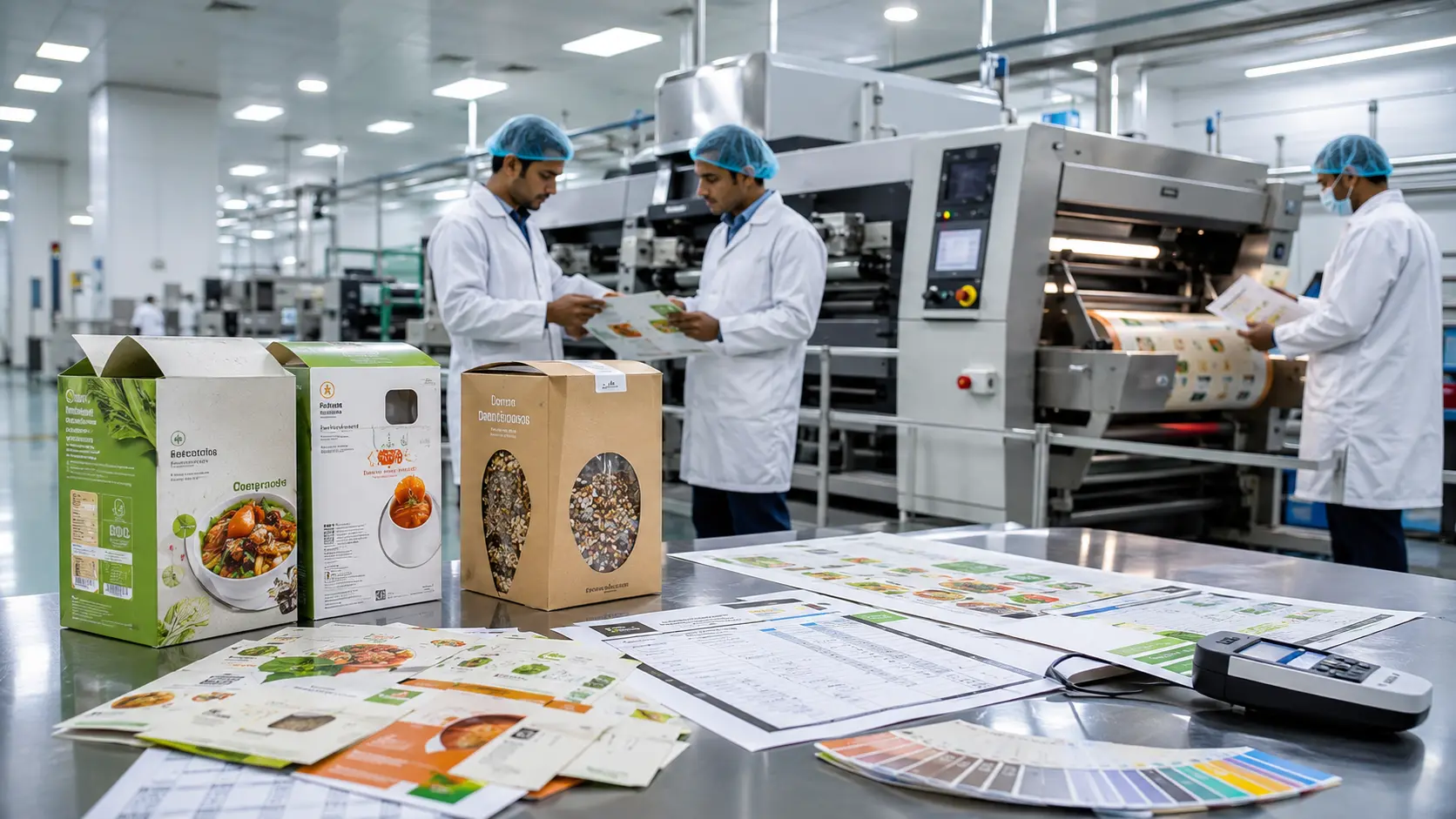 Técnicos revisan pruebas de impresión y empaques alimentarios personalizados junto a una máquina industrial, con muestras, guías de color y documentos de control sobre una mesa de trabajo. Empaques para Alimentos