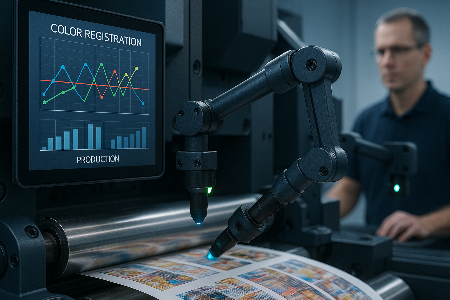 Primer plano de una máquina de impresión flexográfica con brazos robóticos y sensores ópticos calibrando el registro de color. Una pantalla digital muestra gráficos de líneas y barras con la leyenda “Color Registration” y “Production”. En segundo plano, un operador supervisa el proceso. La escena refleja precisión tecnológica, automatización y control avanzado de calidad en la industria de impresión. Packaging inteligente