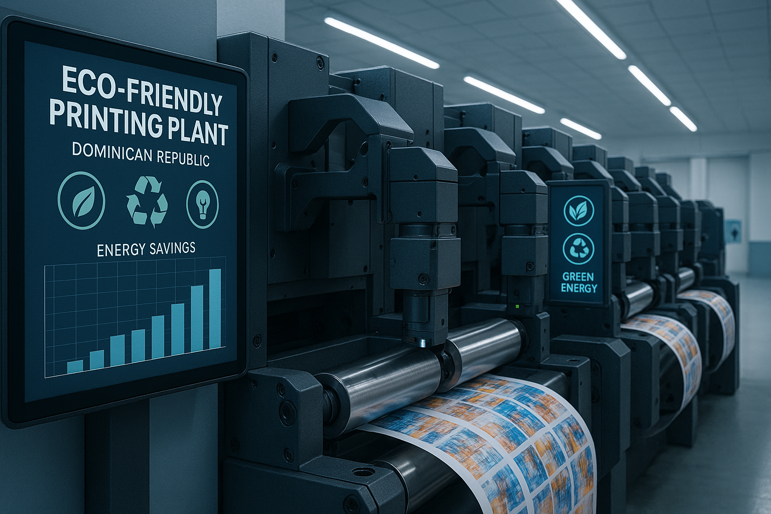 Planta de impresión ecológica en la República Dominicana equipada con maquinaria flexográfica moderna y pantallas digitales que muestran gráficos de ahorro energético y símbolos de sostenibilidad. En primer plano, un monitor indica “Eco-Friendly Printing Plant” y “Green Energy” junto a íconos de hoja, reciclaje y bombillo. La imagen transmite innovación, eficiencia y compromiso ambiental en un entorno industrial limpio y de alta tecnología. Packaging inteligente