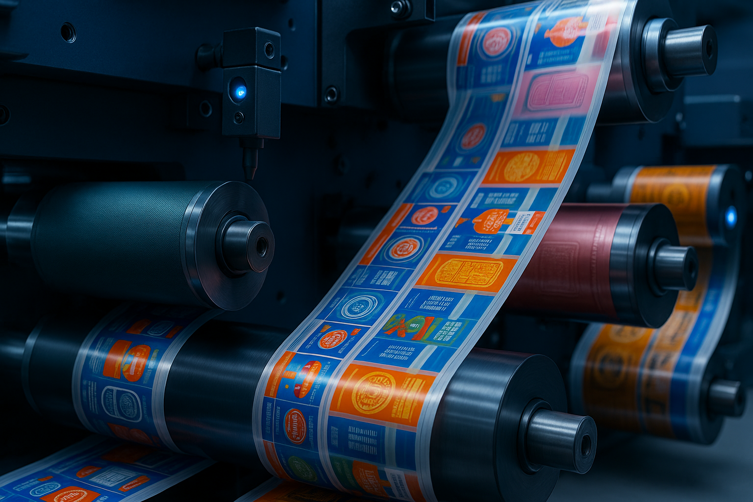 Prensa flexográfica en funcionamiento imprimiendo etiquetas a todo color sobre una bobina continua. Se observan los rodillos metálicos en movimiento y el sistema de sensores de control de registro. Los colores vivos y el entorno industrial reflejan precisión y tecnología en la impresión de empaques. Flexografía vs offset