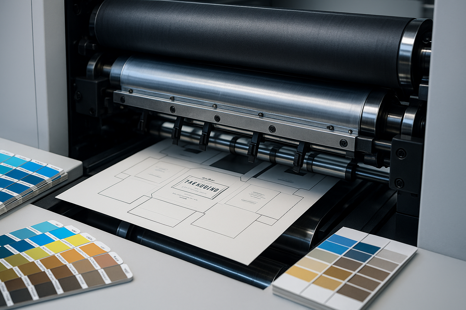 Máquina offset realizando pruebas de impresión sobre cartón troquelado para diseño de empaques. A los lados se aprecian guías de color Pantone, mostrando el control de color y calidad. La escena resalta la planificación técnica y el detalle en la etapa de preprensa. Flexografía vs offset