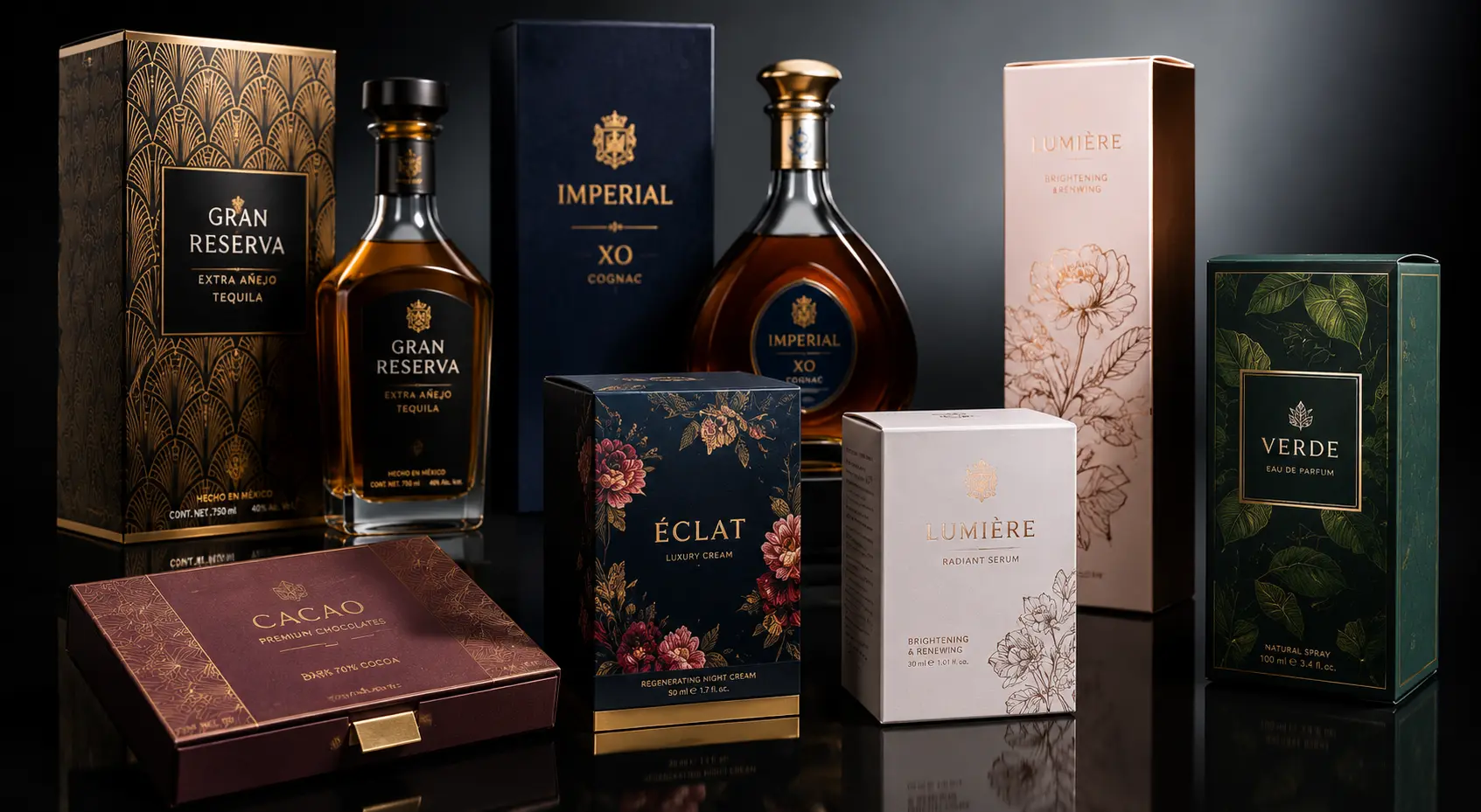 Exhibición de empaques premium para bebidas, chocolates, cosméticos y perfumes, con diseños elegantes, acabados dorados y presentación de lujo. Offset vs Flexografía