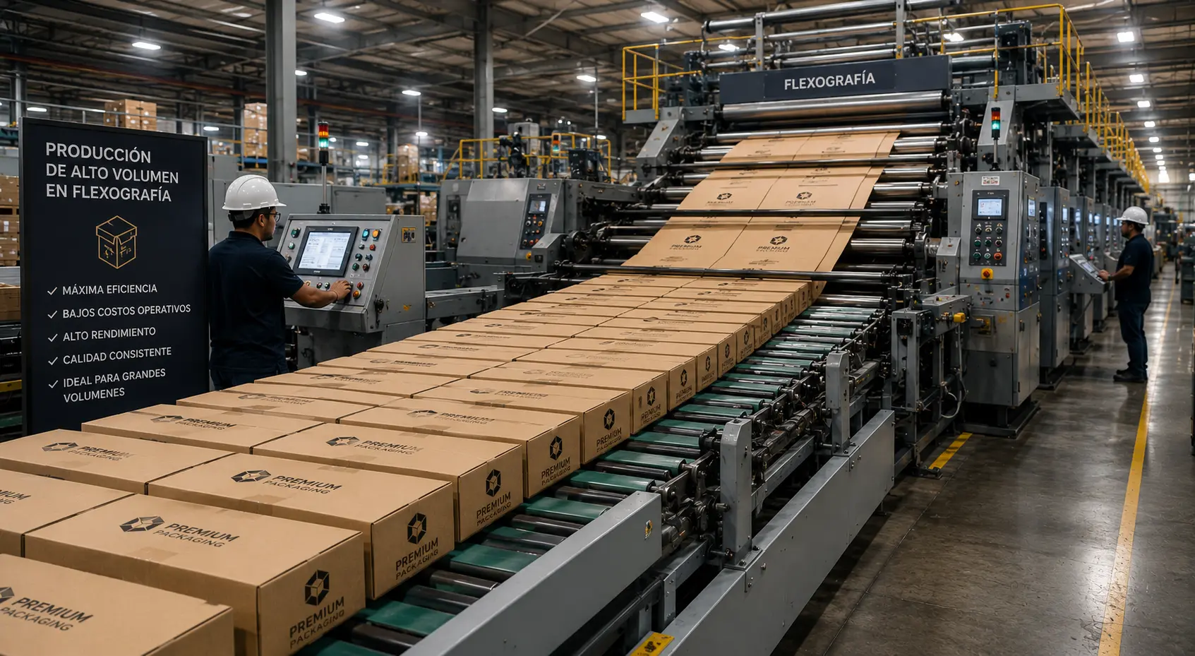 Línea industrial de flexografía produciendo empaques de cartón en alto volumen, con operarios supervisando maquinaria y cajas sobre banda transportadora. Offset vs Flexografía