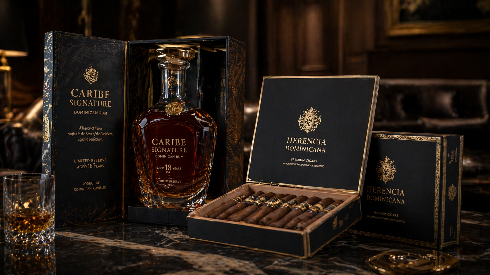 Empaques premium de lujo para ron y cigarros dominicanos con acabado negro y detalles dorados, incluyendo botella de edición limitada y caja de puros en ambiente sofisticado. Cajas premium.