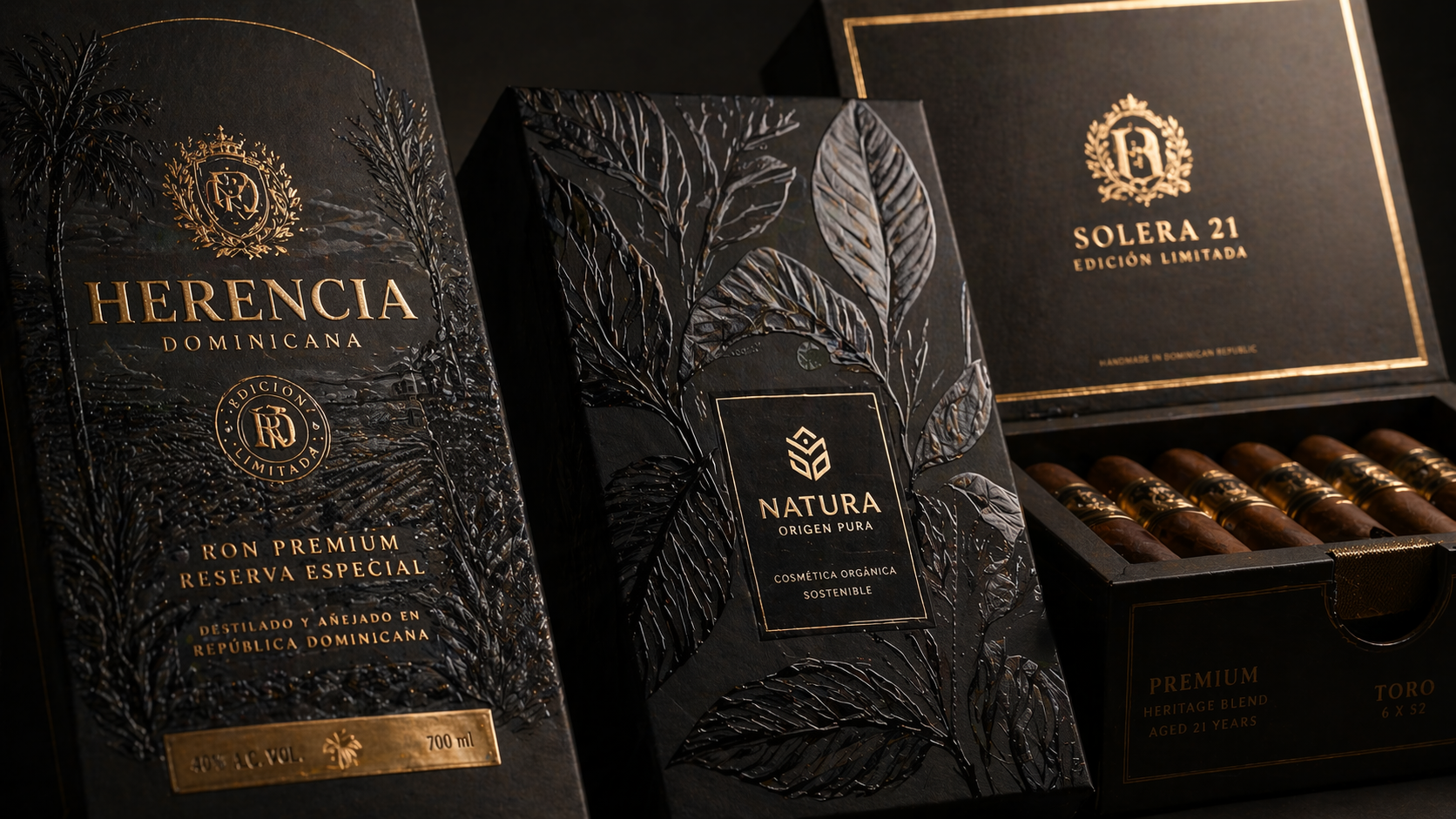 Detalle de empaques premium con acabados en relieve y foil dorado sobre cajas negras, mostrando textura, branding elegante y presentación de productos de alta gama como ron y cosmética. Cajas premium.
