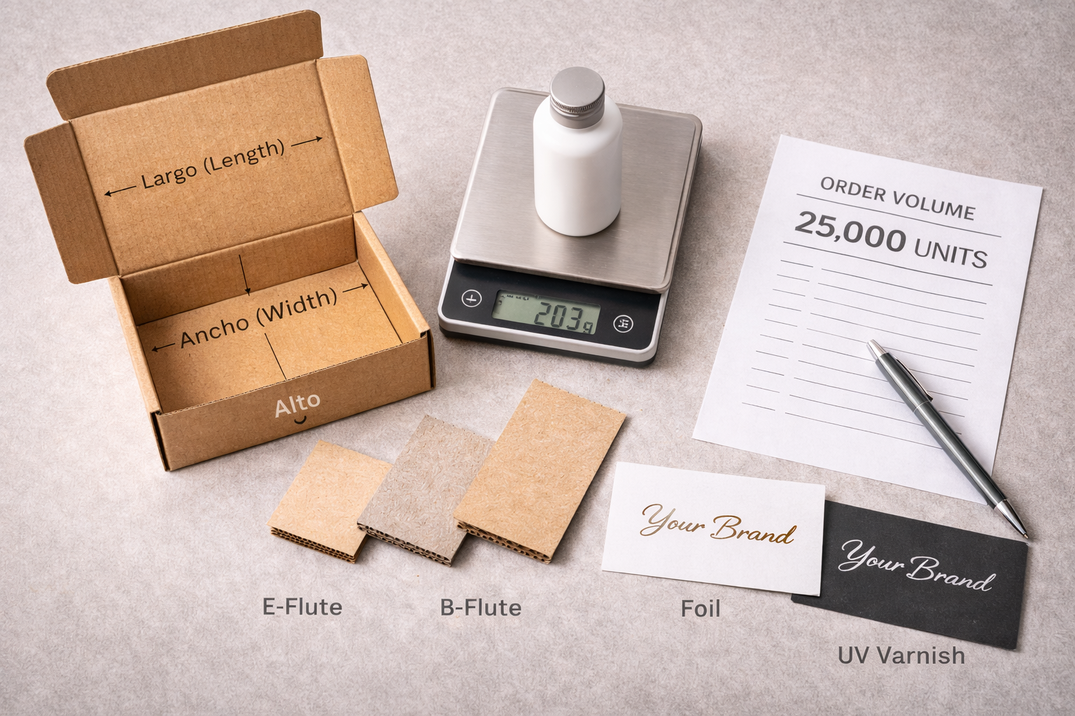 Caja de cartón kraft abierta con indicación de largo, ancho y alto, acompañada de muestras de cartón E-Flute y B-Flute, acabados foil y barniz UV, balanza de peso y referencia de volumen de pedido, ilustrando criterios técnicos de diseño de empaques. Guía de Cotización