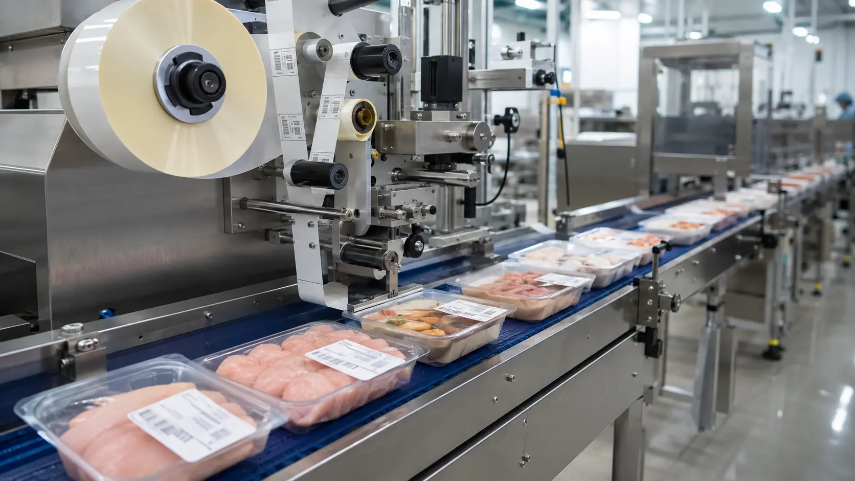 Proceso industrial de etiquetado automático para bandejas de alimentos refrigerados. Etiquetas Adhesivas