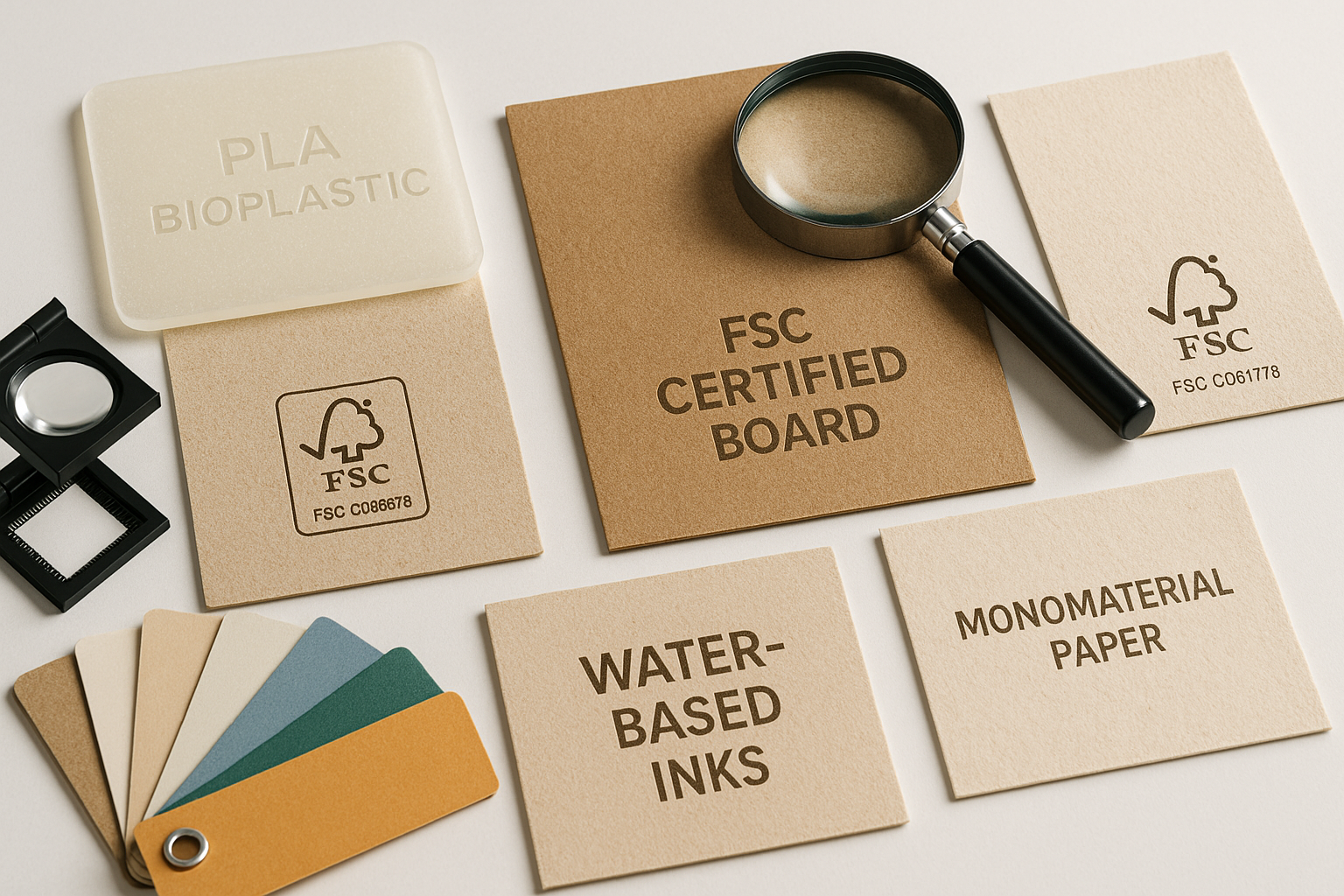 Muestra de materiales sostenibles utilizados en empaques: bioplástico PLA, cartón certificado FSC, papeles monomateriales y tintas a base de agua. Incluye una lupa y una paleta de colores, representando la innovación ecológica en diseño de packaging responsable. Tendencias 2025