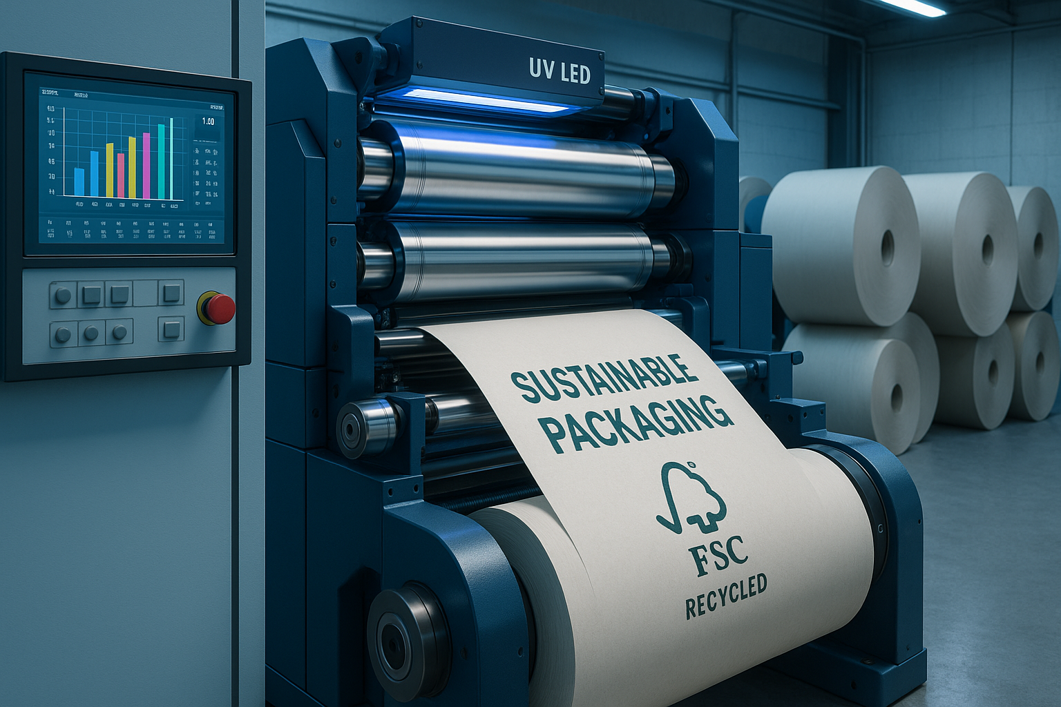 Máquina industrial de impresión con tecnología UV LED produciendo papel certificado FSC con el texto “Sustainable Packaging”. En el entorno se observan rollos de papel reciclado, destacando la eficiencia y compromiso con la sostenibilidad en los procesos de impresión. Tendencias 2025
