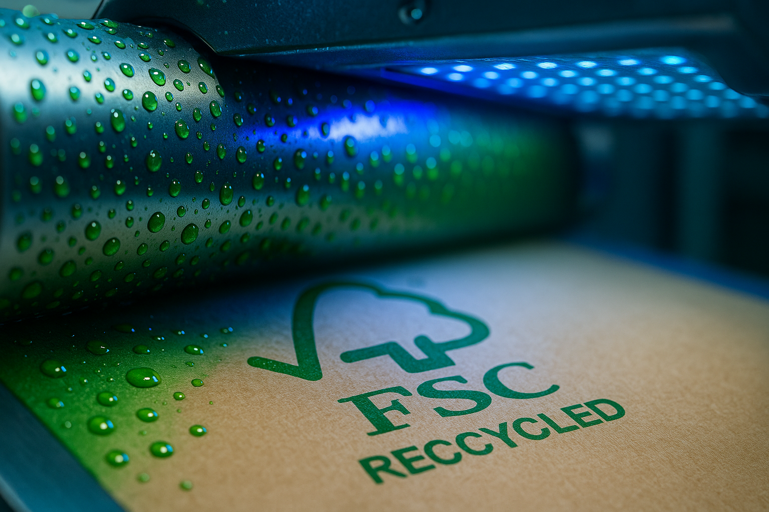 Primer plano de una prensa flexográfica imprimiendo el logotipo verde de certificación FSC RECYCLED sobre cartón reciclado. El rodillo metálico está cubierto de gotas de tinta verde brillando bajo luces LED azules, mostrando un proceso de impresión ecológico y de alta precisión. Empaques Sostenibles