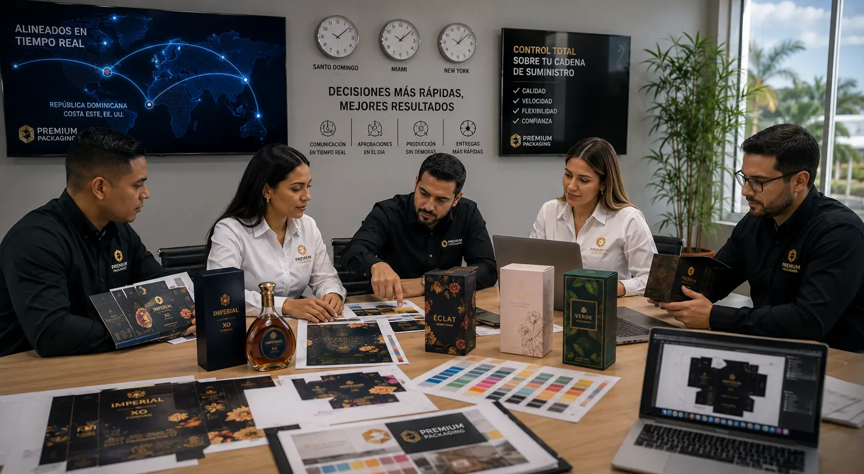Equipo de Premium Packaging revisando diseños de empaques, muestras premium y paletas de color en una reunión estratégica sobre cadena de suministro. Fabricante de Empaques