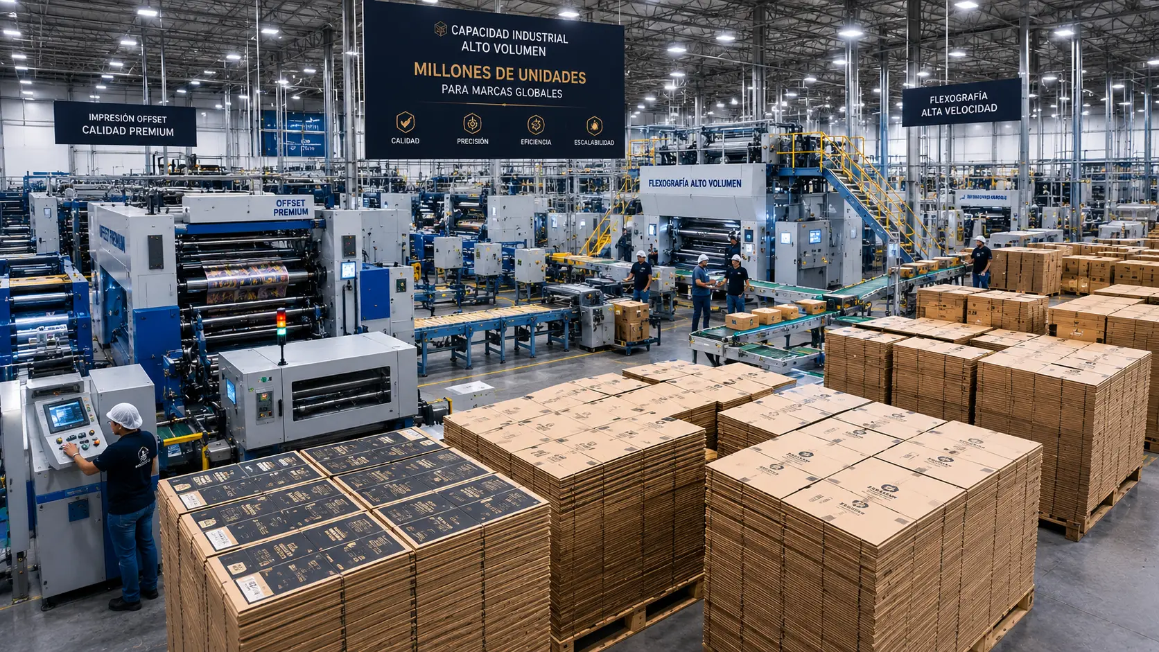 Planta industrial de empaques con maquinaria offset y flexográfica, producción de alto volumen y pallets de cartón listos para marcas globales. Fabricante de Empaques