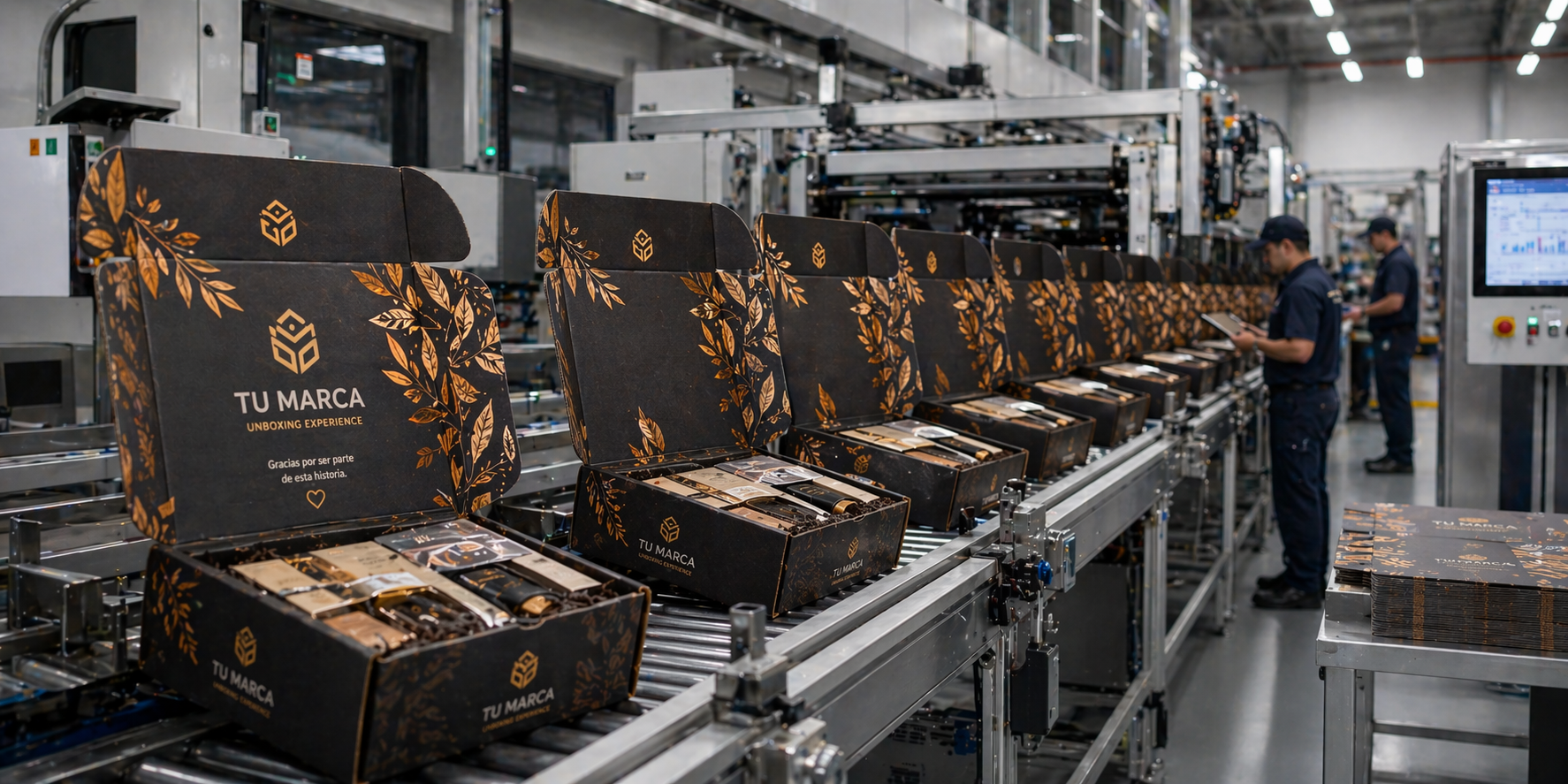 Línea de producción automatizada de empaques personalizados con cajas tipo unboxing abiertas en banda transportadora, operarios supervisando calidad y proceso industrial de alto volumen. Cajas de Suscripción.