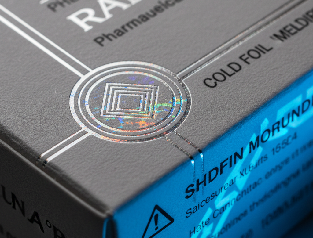 Detalle de empaque farmacéutico con acabado cold foil holográfico y líneas metálicas en relieve sobre superficie gris premium.