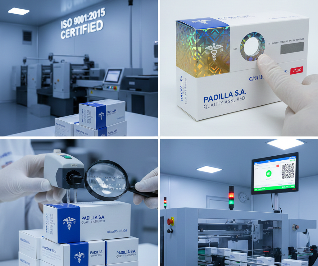 Collage de procesos de control de calidad farmacéutica que muestra cajas certificadas ISO 9001:2015, hologramas de seguridad, verificación con instrumentos ópticos y empaque automatizado. Seguridad en Empaques Farmacéuticos