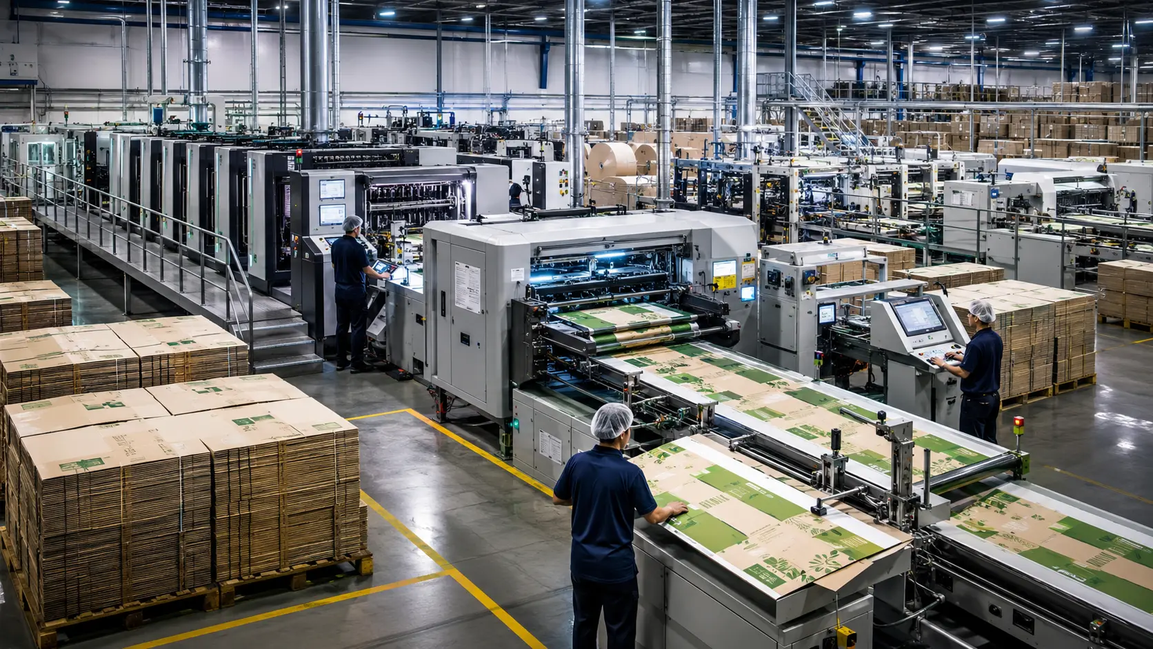Producción de empaques sostenibles a gran escala en planta industrial moderna con maquinaria automatizada. Proveedor de Empaques