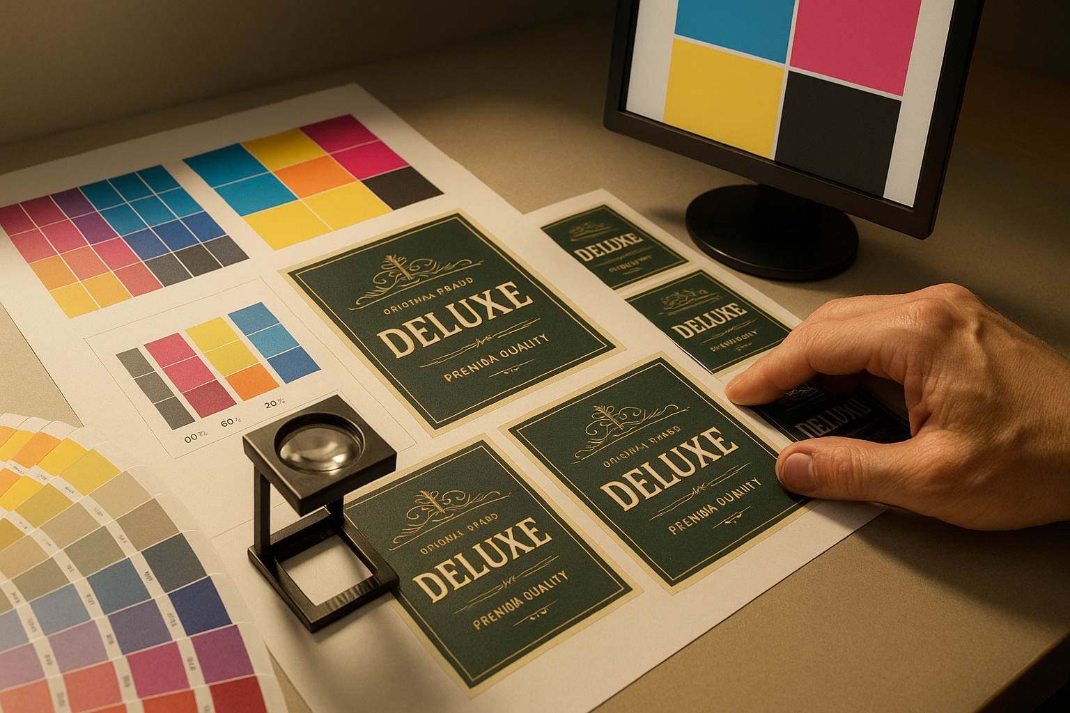 Primer plano de una mesa de control de color en una imprenta. Un técnico revisa etiquetas verdes con detalles dorados que dicen “DELUXE” junto a una lupa de inspección y guías de color CMYK. En el fondo, un monitor muestra una carta de color con los tonos cian, magenta, amarillo y negro. La iluminación cálida resalta la precisión y la calidad del proceso de impresión profesional