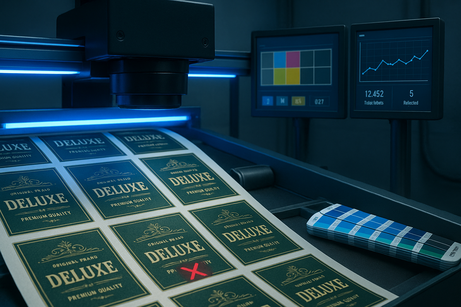 Primer plano de una máquina de inspección automatizada revisando etiquetas impresas con la palabra “DELUXE”. Un sensor óptico con luces LED azules detecta un error marcado con una “X” roja. En el fondo, dos pantallas muestran el control de color CMYK y gráficos de rendimiento del proceso. A un lado, una guía Pantone azul complementa la escena. La iluminación fría y precisa transmite un ambiente tecnológico y de control de calidad en impresión industrial.