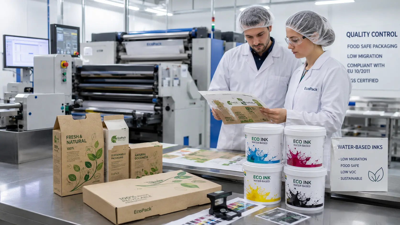 Técnicos revisando empaques sostenibles para alimentos en una planta de producción, junto a tintas base agua y controles de calidad food safe. Empaques Ecológicos