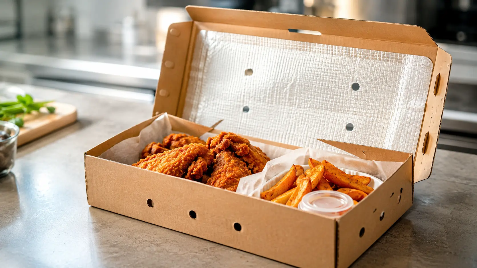 Caja kraft para delivery con pollo frito y papas, diseñada para conservar alimentos calientes durante el transporte. Empaques Ecológicos