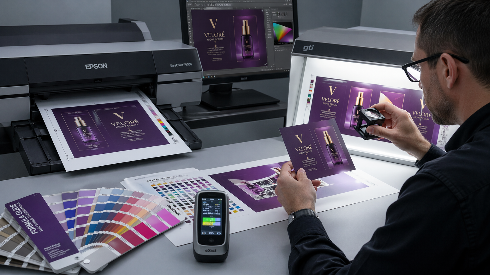 Especialista en impresión realizando control de color con espectrofotómetro, comparando prueba impresa y diseño digital junto a impresora profesional y guías de color Pantone. Pruebas de Color.
