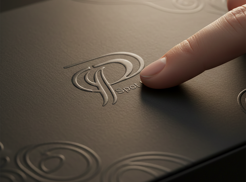Primer plano de un dedo tocando un emblema en relieve sobre una caja negra de diseño premium, mostrando textura elegante y acabado de alta calidad. Cajas Plegadizas de Alto Impacto